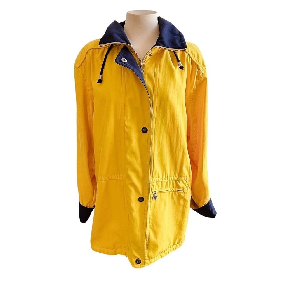 Vintage Bernardo Yellow Rain Jacket Womens S Navy Blue Collar Hooded Coat Korea